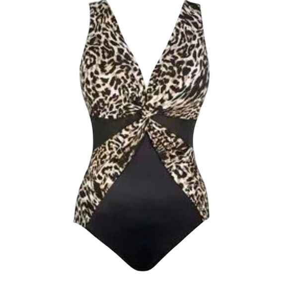 Miraclesuit NWT Miradonna Black Leopard Print Twist Front One-Piece Swimsuit - Picture 2 of 13